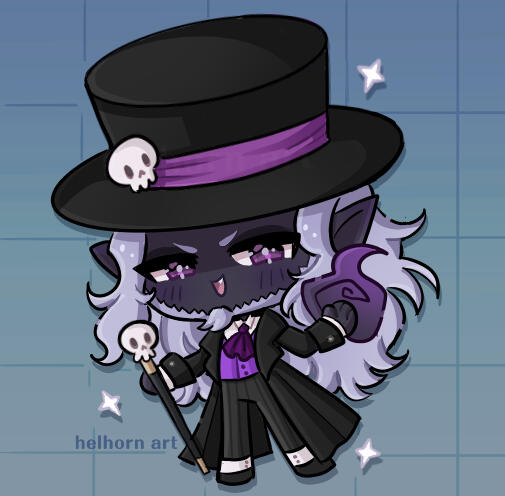 a chibi drawing of a drow man, with purple skin, and Victorian style clothing. he has long white hair and a decorating his top hat.