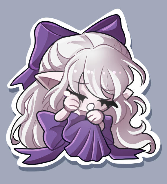 a chibi drawing of a pink skinned woman with blue hair and fantasy clothing.