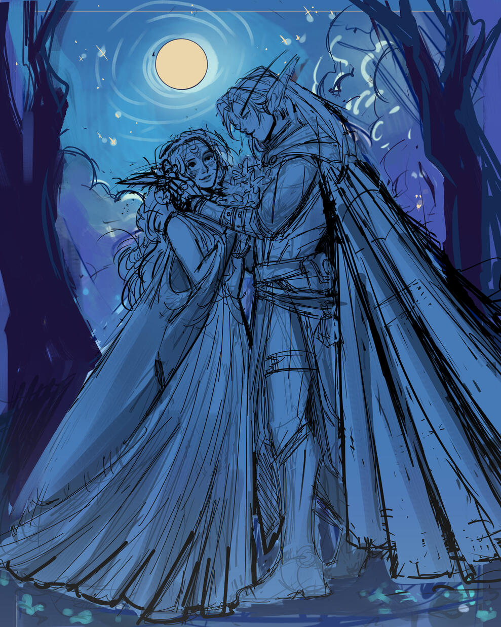 a sketch of two fantasy characters drawn in a chibi style. The first person is a woman in white furs and a sparkly dress, with long black hair. The second person is a white hair man dressed in greyish armor and cloak.
