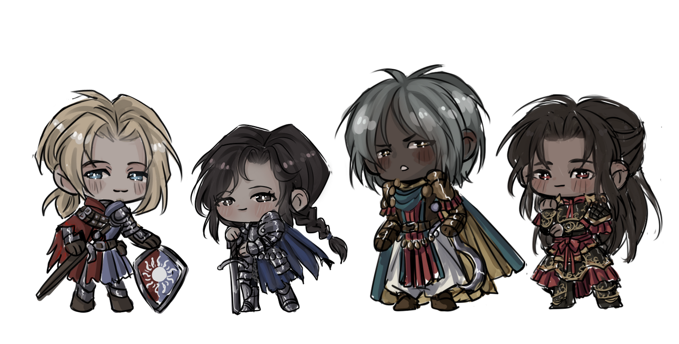 a sketch of four fantasy characters drawn in a chibi style. Left to right, it is a blonde man dressed in red and blue, a black haired woman dressed in blue robes and silver armor, a brown skin man with grey hair desert inspired robes of teal, red and white
