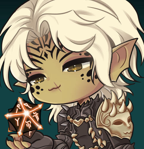 a chibi drawing of a pink skinned woman with blue hair and fantasy clothing.