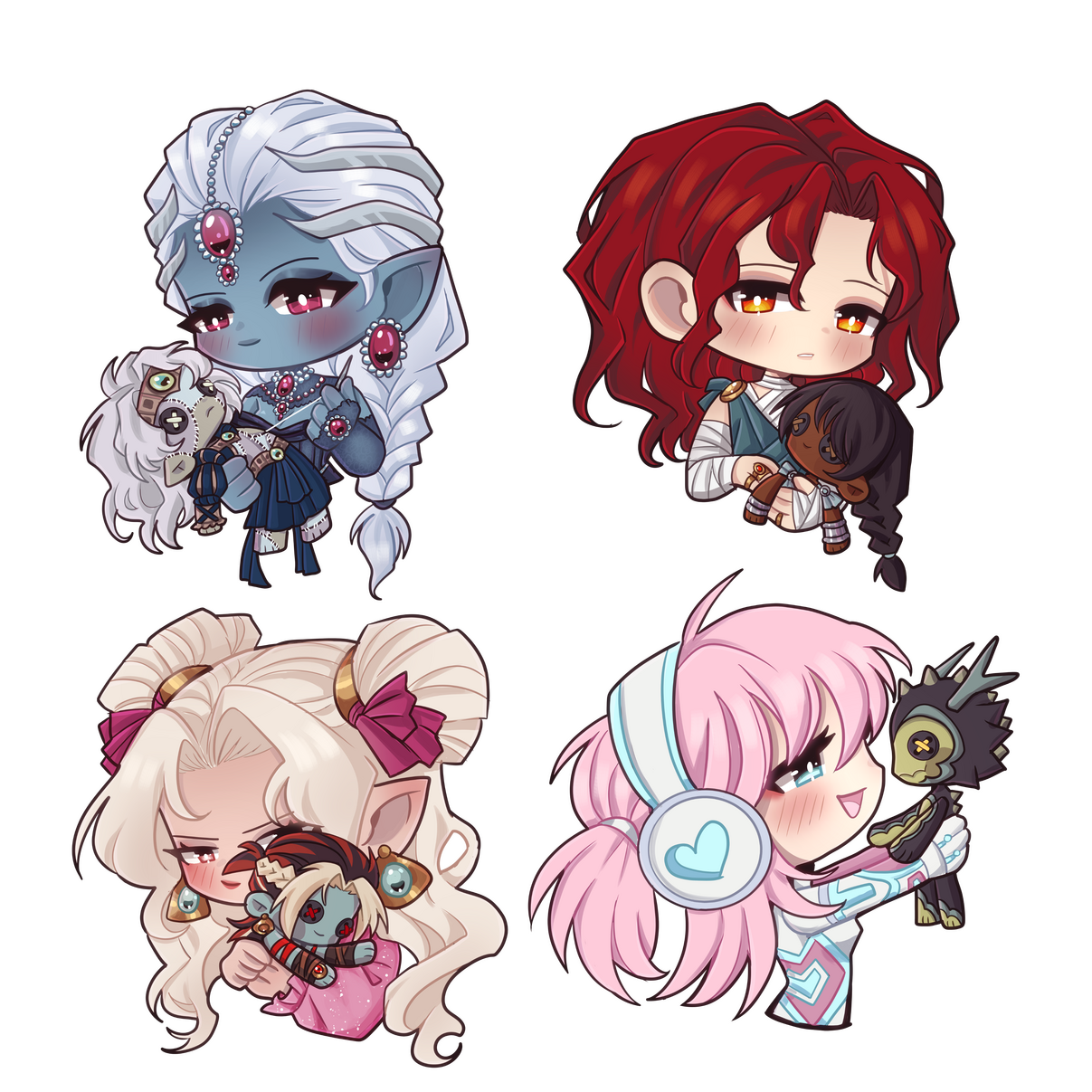 a chibi drawing of a pink skinned woman with blue hair and fantasy clothing.