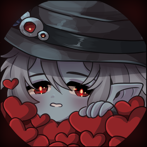 a chibi drawing of a pink skinned woman with blue hair and fantasy clothing.