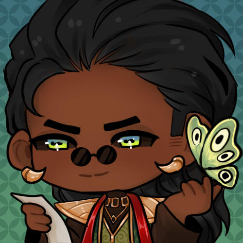 a chibi drawing of a three fantasy characters running in a thunderous hell scape. The first character is a blue dragonborn woman wearing plate armor. The second person is an elven man with brown hair and leather armor. The third person is an elven woman wi