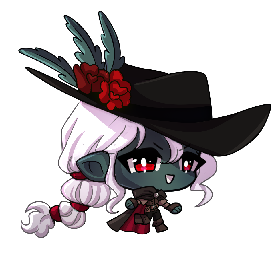 a sketch of two fantasy characters drawn in a chibi style. The first person is a woman in white furs and a sparkly dress, with long black hair. The second person is a white hair man dressed in greyish armor and cloak.