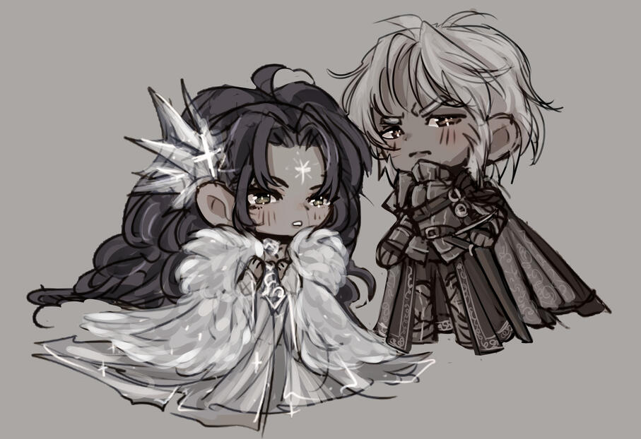 a sketch of two fantasy characters drawn in a chibi style. The first person is a woman in white furs and a sparkly dress, with long black hair. The second person is a white hair man dressed in greyish armor and cloak.