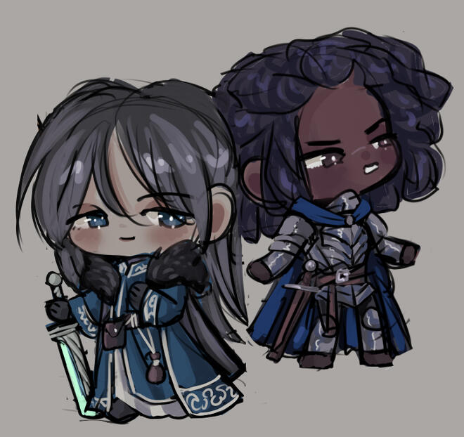 a sketch of two fantasy characters drawn in a chibi style.