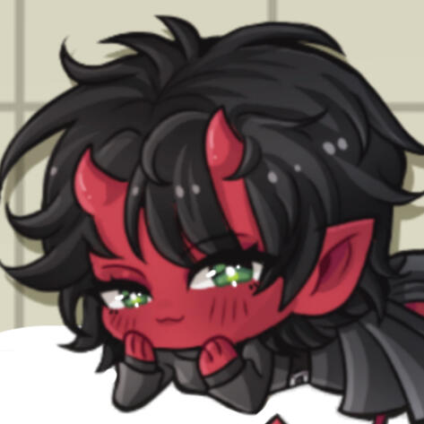 a chibi drawing of a red devil with green eyes and black fluffy hair.
